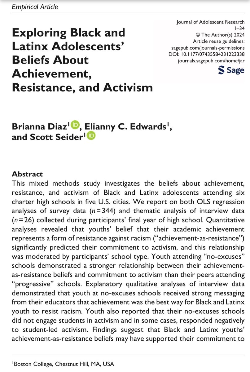 For Black & Latinx youth, beliefs about achievement & beliefs about race are deeply connected. Check out my latest pub exploring their beliefs & the role of school as a socializing agent. ❤️✊🏽@BriannaDiazEd & @ScottSeider journals.sagepub.com/doi/abs/10.117…