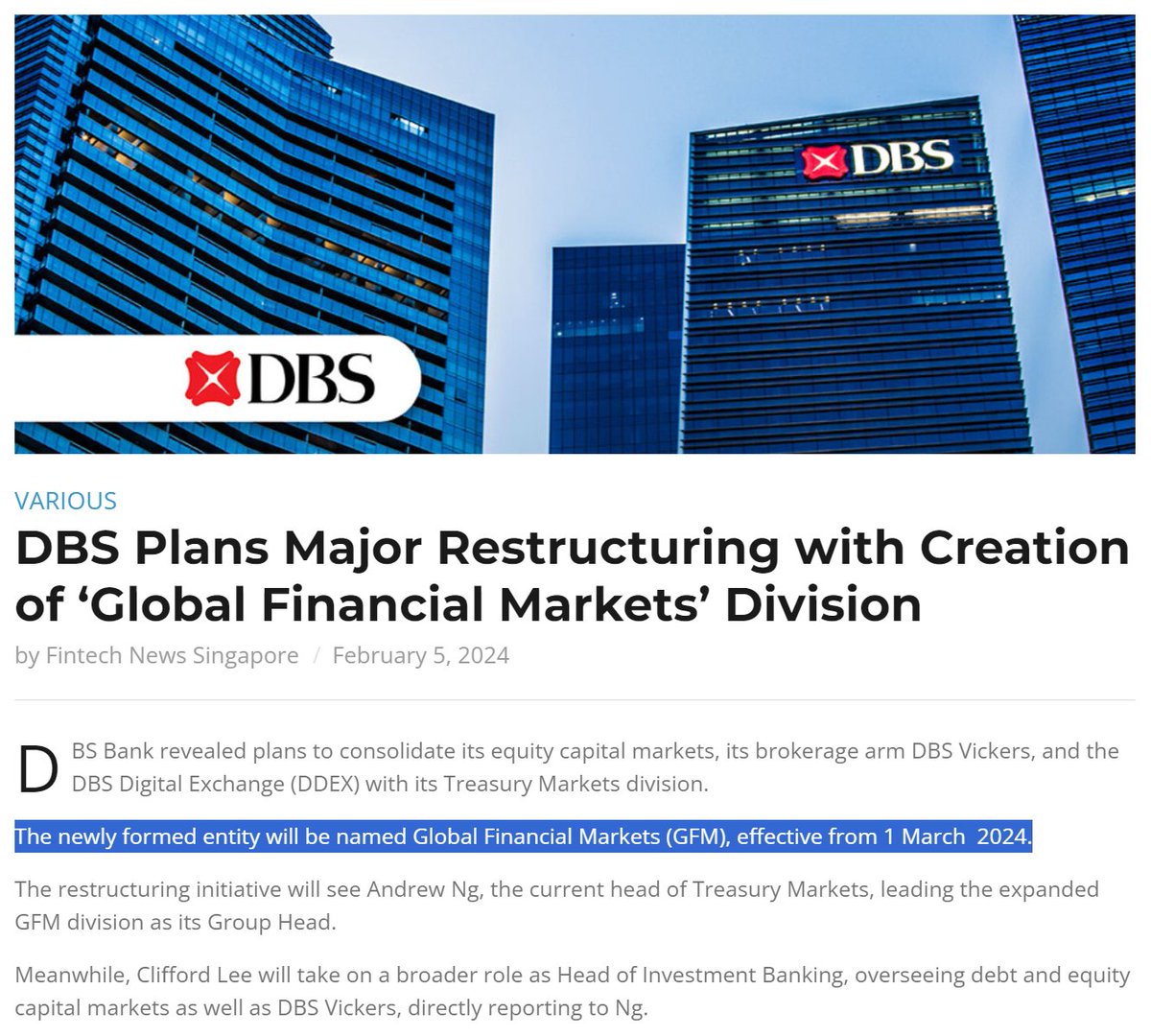 DBS Bank announces major restructuring creating the entity called:  Global Financial Markets (GFM)

Effective March 1st 2024

They are merging their brokerage arm, the Digital Asset Exchange (DDEX) and Treasury division into a single group. #DBS #SBI #HSBC #Metaco #Ripple #XRP