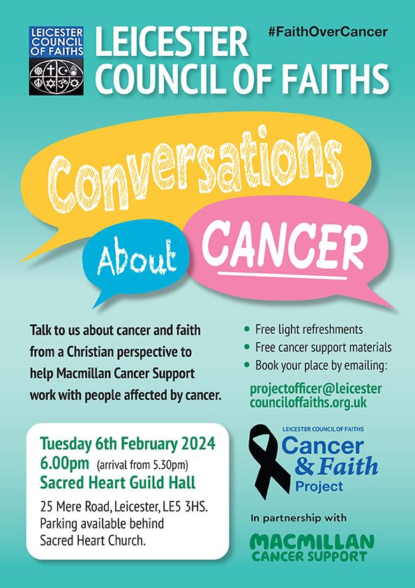 Join the Leicester Council of Faiths Event tomorrow Tuesday 6 February 2024 at 6pm at Sacred Heart Guild Hall, 25 Mere Road, Leicester LE5 3HS. For further information see the poster below.
#NHS #LLRICB #Cancer <a href="/NHS_LLR/">NHS Leicester, Leicestershire and Rutland</a>