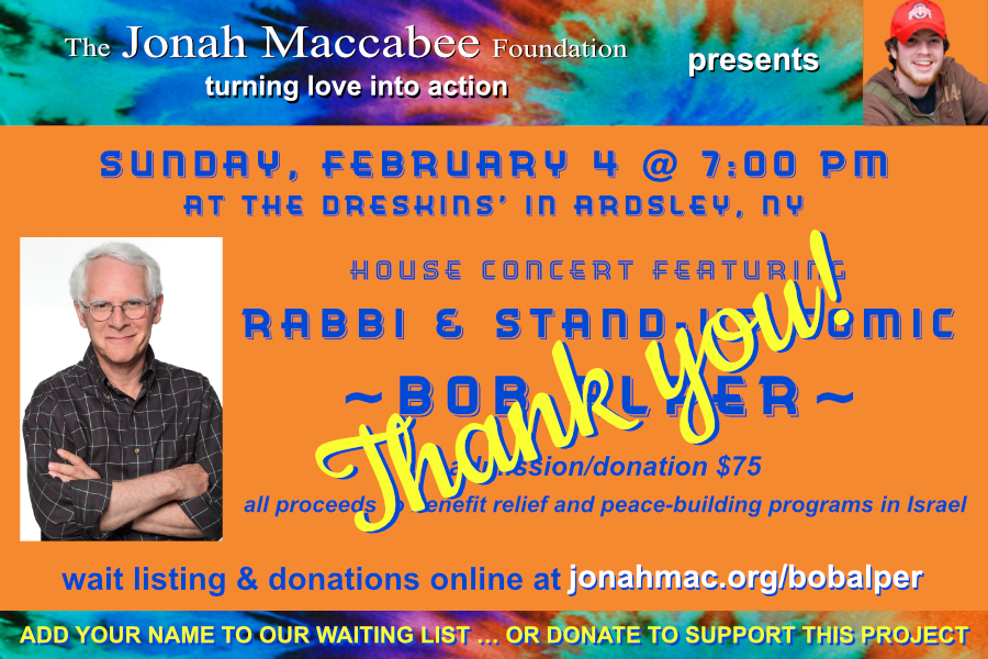 JonahMacFndtn's tweet photo. Last night, rabbi and stand-up comedian Bob Alper performed in our home to benefit Israel. So many of you donated and we just want to say thanks. Because of your generosity (and Bob’s for donating his fee), we raised $10,000! Y’all are amazing. https://t.co/Qk1tth61vL