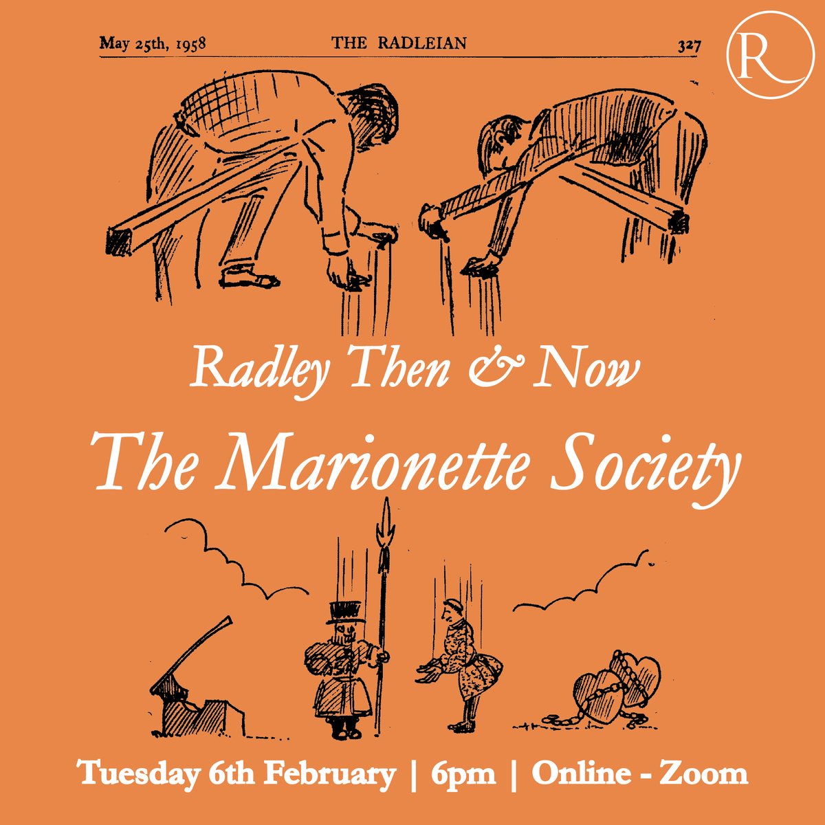 TOMORROW – 6pm! 🎭 Join ORs and the College Archivist online to hear about one of the most popular College societies of the 50s-70s. The Society put on sell-out shows, and some famous names were involved such as Peter Cook. bit.ly/RadleyMarionet… <a href="/RadleyArchives/">Radley College Archives</a> #history #drama