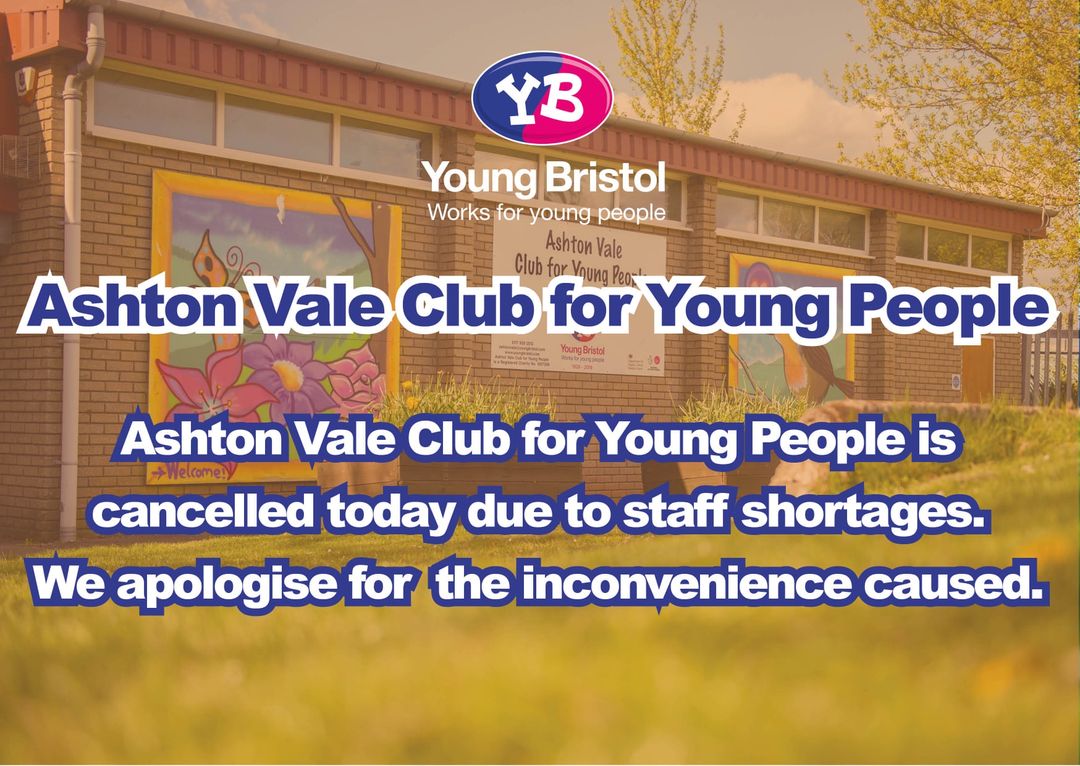 🚨IMPORTANT NOTICE!🚨 Ashton Vale Club for Young People will be closed tonight due to staff illness. We apologise for any inconvenience this may have caused.