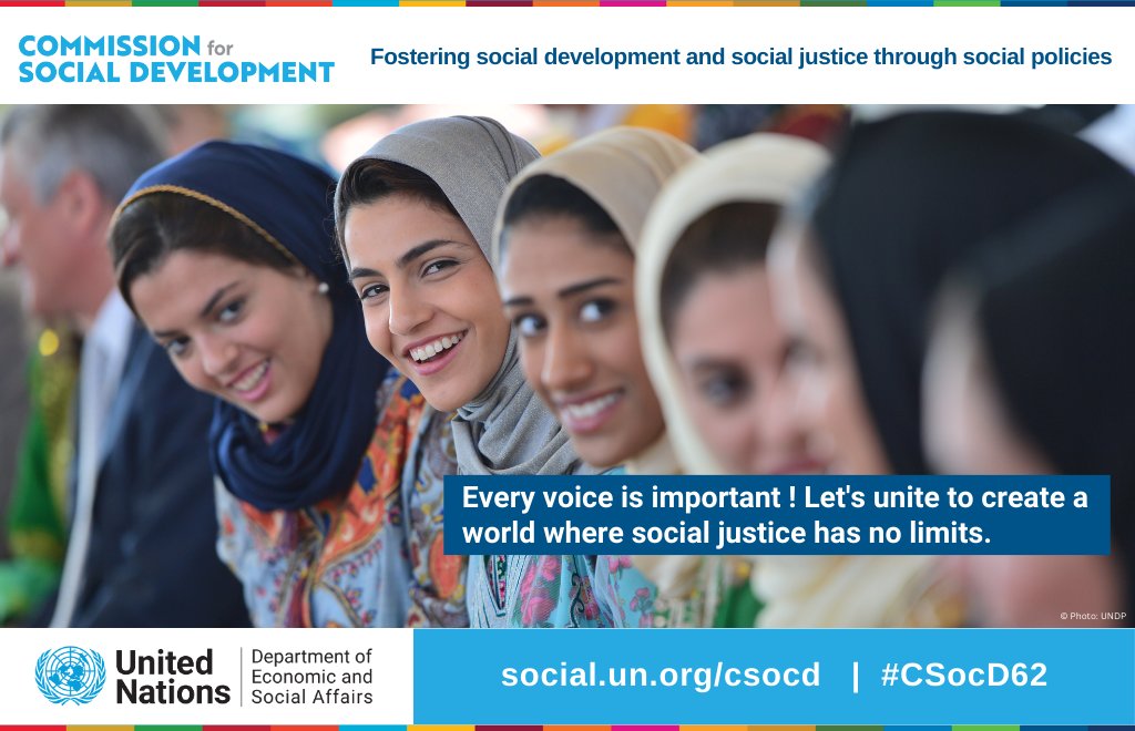 To build a world with #EveryoneIncluded, young people's voices must be heard 📣 

Join governments, UN entities, NGOs & experts from every corner of the world for #CSocD62 👉 social.desa.un.org/csocd/62nd

🗓️ 5-14 Feb 
📺 webtv.un.org

#SocialJustice #DigitalTransformation