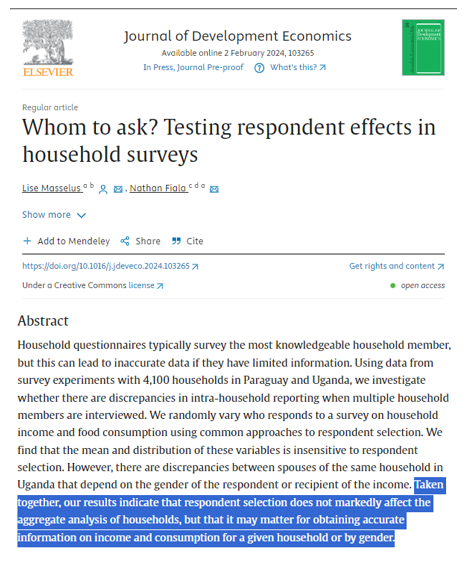 Who to ask in HH surveys? --> In 🇺🇬 & 🇵🇪 respondent selection does not matter for aggregate analysis of income & consumption ~ but it does for analysis by gender @LiseMasselus & Fiala @RWI_Leibniz_en in JDE #EconTwitter sciencedirect.com/science/articl…