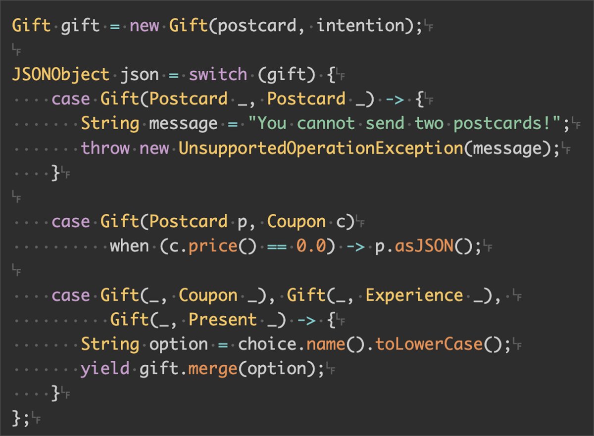java's tweet image. Using #Java21 language constructs to package gifts as JSONs. social.ora.cl/6017rxk4J