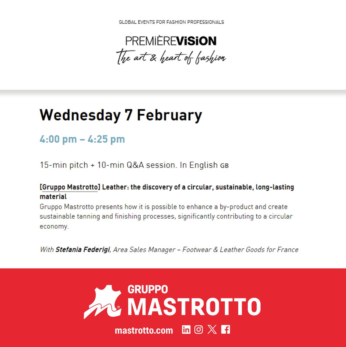 Don't miss our pitch entitled “Leather: the discovery of a circular, sustainable, long-lasting material” during the Premiere Vision Paris . We will tell you how leather is a perfect example of circular economy, a material that is ennobled through our sustainable processing.