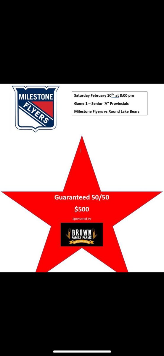 SrFlyers's tweet image. Don’t forget about game 1 of our provincial series against Round Lake Bears is February 10th in Milestone, puck drop 8:00 pm. Come out and watch some good hockey action #FlyNation #Letsgooooo