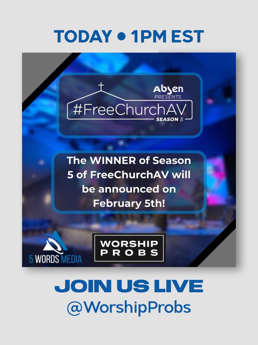 brianltabor's tweet photo. One church will win an AVL upgrade valued at $250,000!! Join us LIVE on Instagram at 1pm EST for this exciting announcement!
Season 5 of #FreeChurchAV brought to you by @5wordsmedia and Presented by Absen Inc π #worshipleaderprobs #worshipleader #worshipteam #churchtech #churchcreative #churchproduction