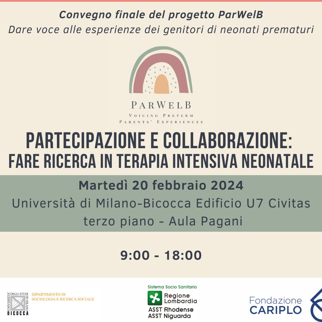 Parwelb - Voicing Preterm Parents' Experiences (@parwelb) on Twitter photo Il convegno finale di ParWelB è sempre più vicino. Si terrà martedì 20 febbraio, presso l'<a href="/unimib/">Università degli Studi di Milano-Bicocca</a>. ParWelB è un progetto dell'Università #Bicocca in collaborazione con <a href="/ospniguarda/">Ospedale Niguarda</a> e ASST Rhodense, con il contributo di <a href="/FondCariplo/">Fondazione Cariplo</a>
#preterm #parents #Sociology Il convegno finale di ParWelB è sempre più vicino. Si terrà martedì 20 febbraio, presso l'<a href="/unimib/">Università degli Studi di Milano-Bicocca</a>. ParWelB è un progetto dell'Università #Bicocca in collaborazione con <a href="/ospniguarda/">Ospedale Niguarda</a> e ASST Rhodense, con il contributo di <a href="/FondCariplo/">Fondazione Cariplo</a>
#preterm #parents #Sociology