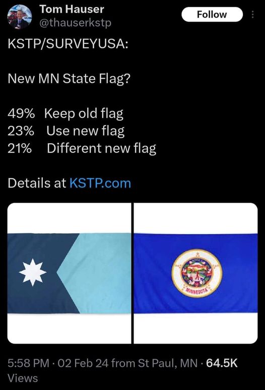 .@GovTimWalz .@MinnesotaDFL Well would you look at that. It would seem that a majority of Minnesotan's do not like your new flag rag and want to keep the old one. This is what happens when you try and erase history because it makes you feel all warm and fuzz. @MinnesotaMiners