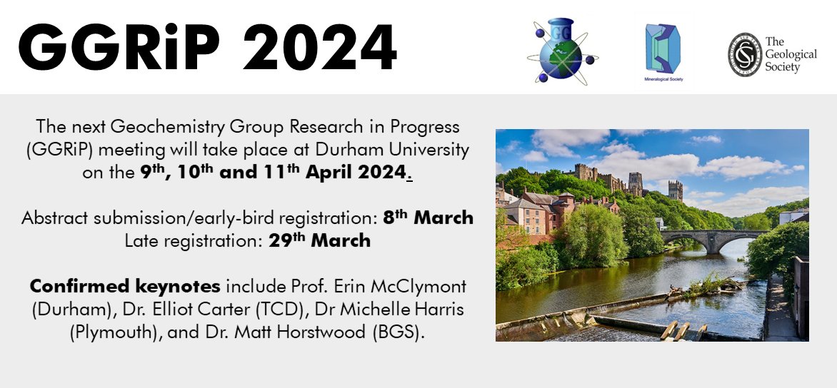 The next Geochemistry Group Research in Progress (GGRiP) meeting will be held at Durham University on the 9th, 10th, and 11th of April 2024. Abstract submission & early-bird registration deadline 8th March. You can register and submit your abstract here: events.minersoc.org/Event-Registra…