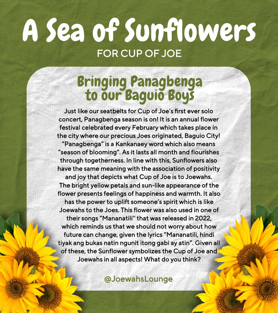 joewahslounge's tweet photo. Attention to all passengers of flight COJ0910!

Joewahs Lounge presents our little fan project entitled “A Sea of Sunflowers for COJ”.

Looking forward to flying with you in 3 days, passenger Joewah! Send us a 🌻 in the comment section or when you retweet if you agree! https://t.co/PfYBzwoGrg