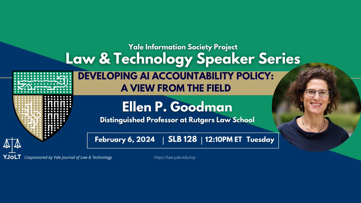 Tomorrow! We're thrilled to have <a href="/ellgood/">Ellen P. Goodman</a> (<a href="/RutgersLaw/">Rutgers Law ⚖️</a>) join us to give a talk titled "Developing AI Accountability Policy: A View From the Field"

Tuesday, February 6, 2024 at 12:10pm ET

Cosponsored by <a href="/YJoLT/">Yale Journal of Law & Technology</a> 

DM for zoom details