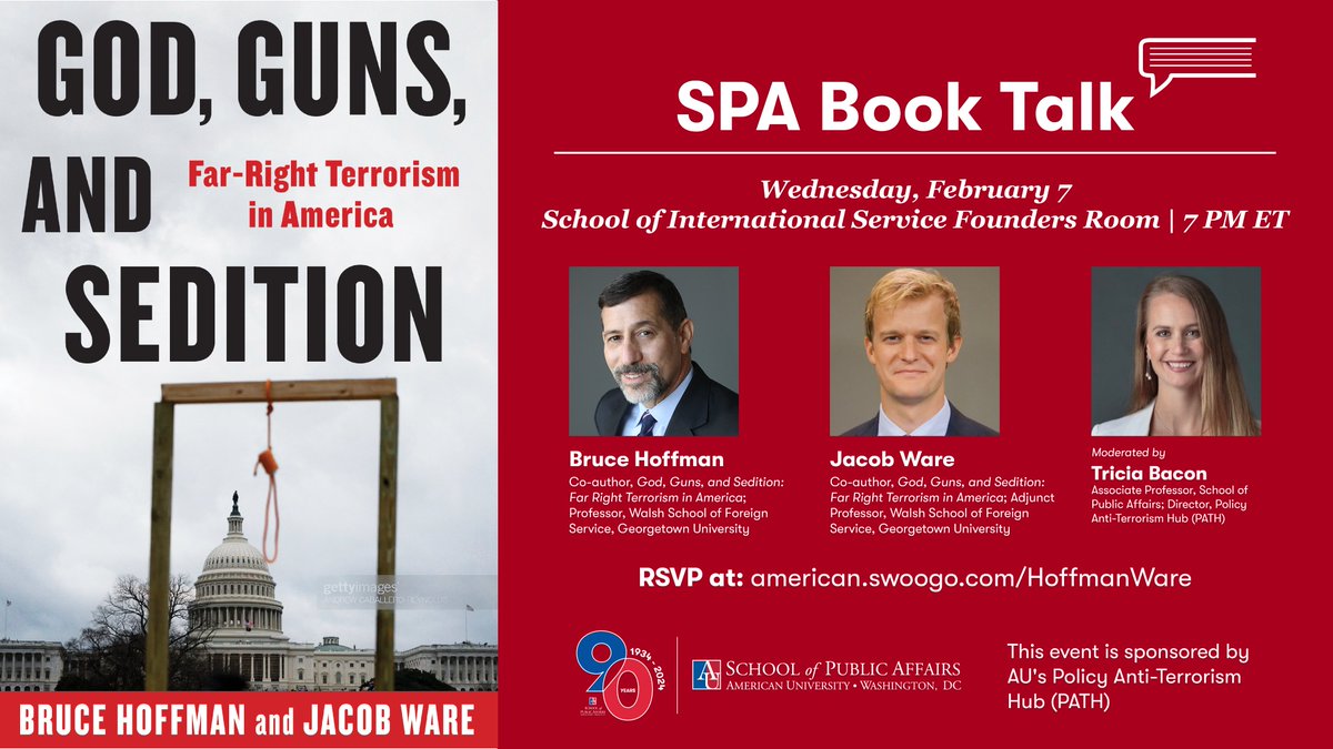 Excited to host @Jacob_A_Ware & @hoffman_bruce for a talk on their new book Guns, God, & Sedition at American University this Wednesday.