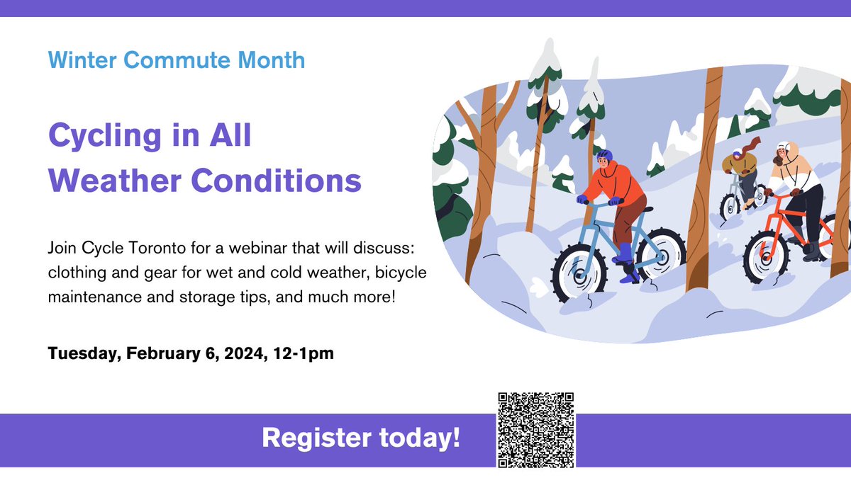 SmartCommuteNTV's tweet photo. Happy Winter Commute Month❄️! Join @CycleToronto for a webinar tomorrow that will discuss: clothing and gear for wet and cold weather, bicycle maintenance and storage tips, and much more! Register now! https://t.co/w95MeCpcoF #wintercommutemonth https://t.co/lA1beYfvLj