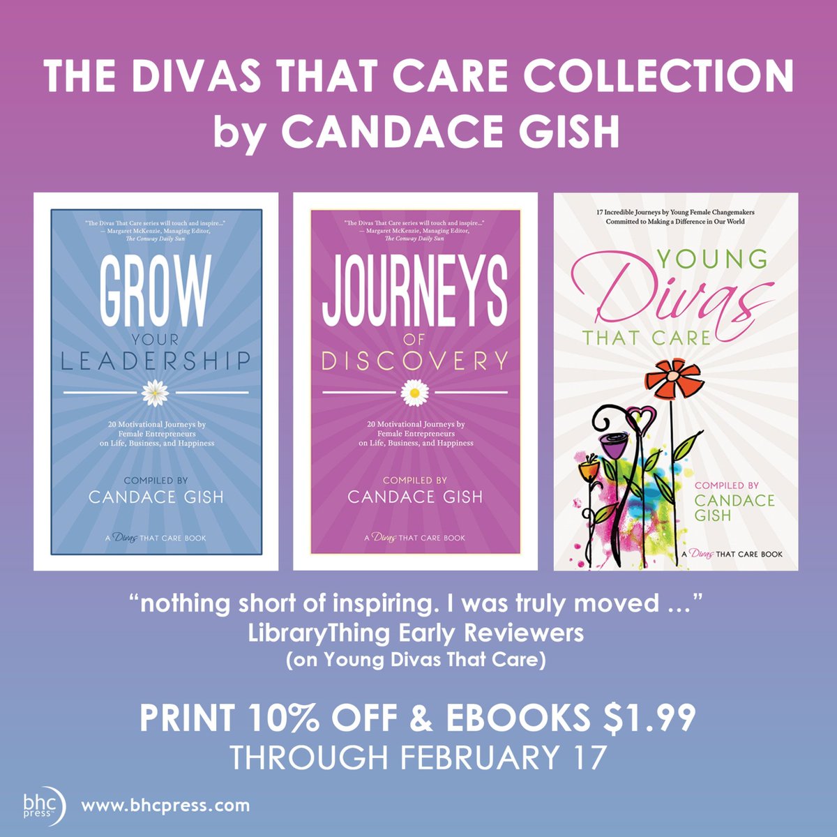 NOW ON SALE: The essays, poems, and stories presented in the #DivasThatCare series by #CandaceGish are #inspiring and teach valuable lessons on life and business. Through 2/17, ebooks $1.99 ea & print (at our website) 10% off: buff.ly/36yoOJw #BHCPress #TBR #Booksale