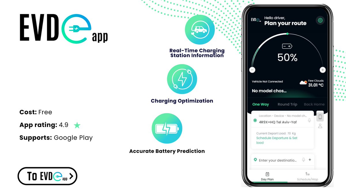 Make_My_Day_App's tweet image. In partnership with #EVDOapp, the forefront Routing and #ChargingOptimization app for #EV drivers that benefit from optimized routes and seamlessly managed charges: Real-time charging station tracking, battery prediction and optimization, and more. eu1.hubs.ly/H07lz080