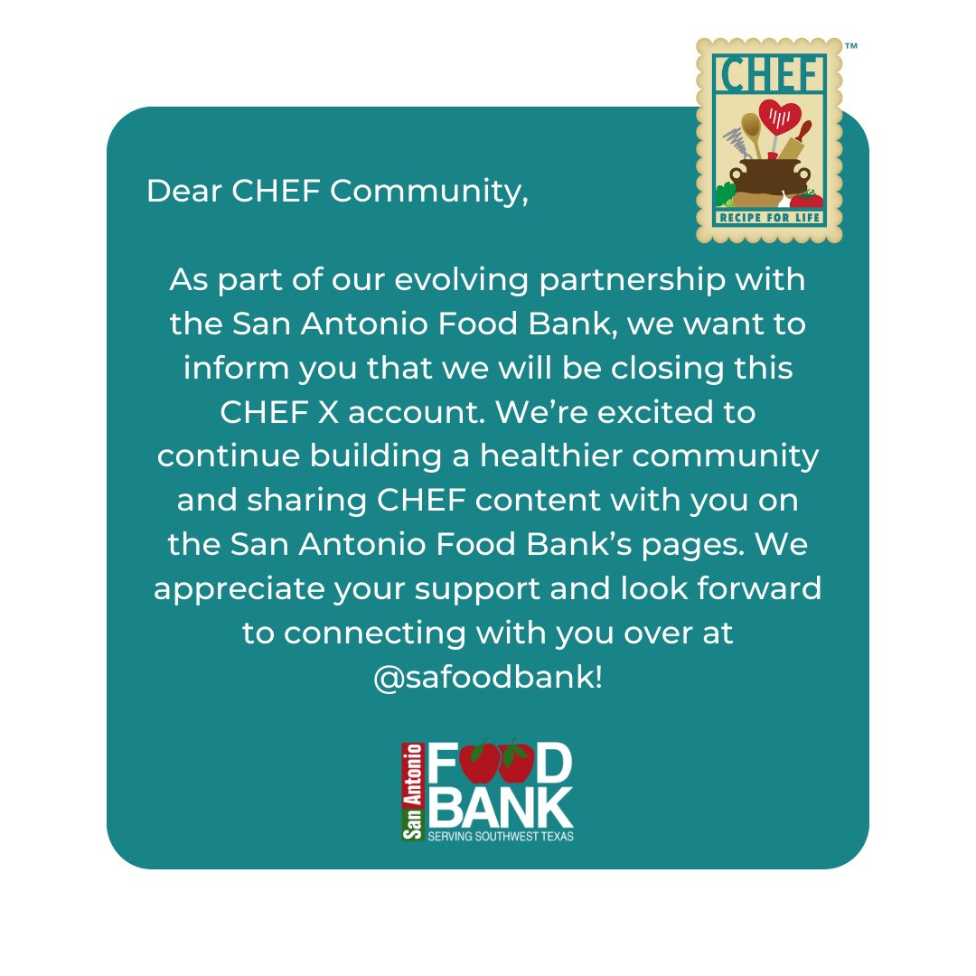 CHEF (@chefsanantonio) on Twitter photo Thank you for your continued support, CHEF community. ❤️ We look forward to connecting with you over at <a href="/safoodbank/">San Antonio Food Bank</a>! Thank you for your continued support, CHEF community. ❤️ We look forward to connecting with you over at <a href="/safoodbank/">San Antonio Food Bank</a>!