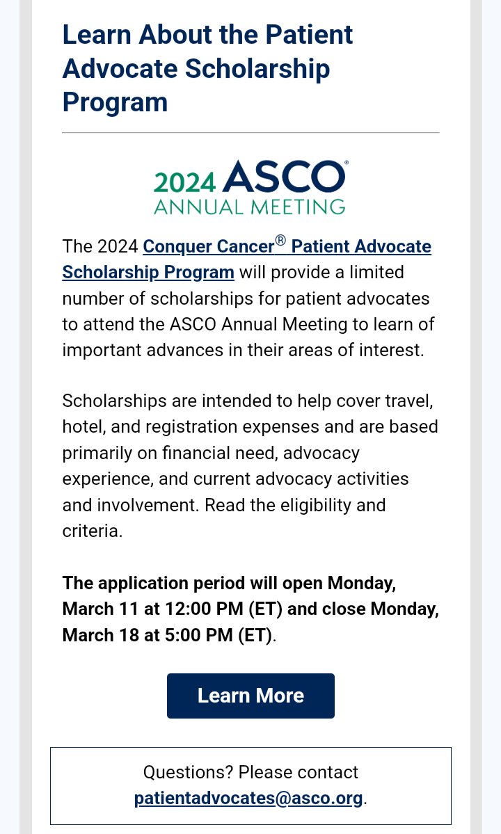 The #ASCO Conquer #Cancer #Patient #Advocate #Scholarship is open March 11-18. Information: cancer.net/research-and-a… #patientcare #education #access