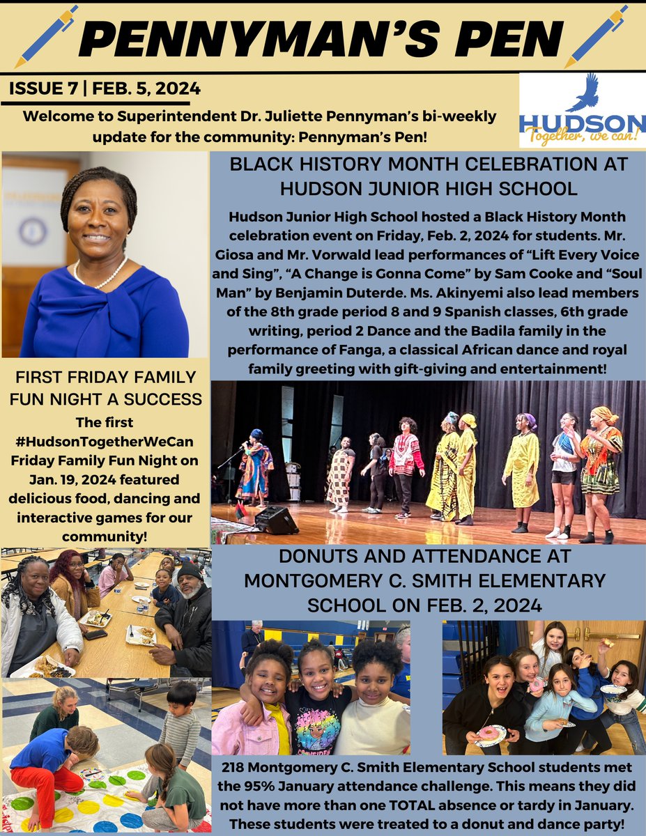 Welcome to Superintendent Dr. Juliette Pennyman’s bi-weekly update for the community: Pennyman’s Pen! The Feb. 5, 2024 edition looks at the success of the first #HudsonTogetherWeCan Friday Family Fun Night and celebrations at Hudson JHS and MCSES!