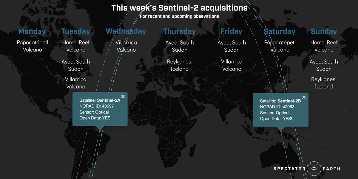 Here are the locations of this week’s #Copernicus #Sentinel2  acquisitions of our recent and upcoming observations! You can view the full list of recent observations 🛰👉spectator.earth/list-of-recent…
