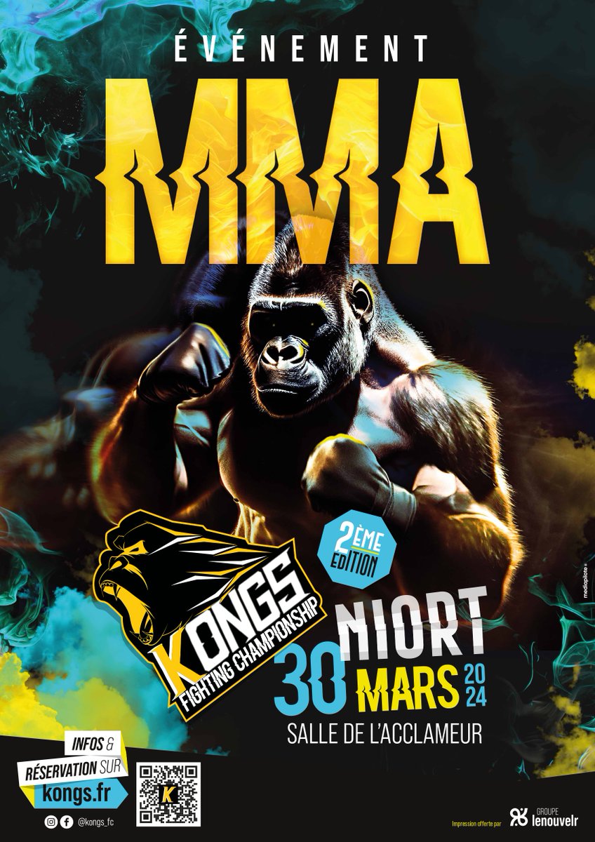 KONGS FC - MMA sera à l'Acclameur pour leur 2ème édition. Le Samedi 30 Mars à 18h 🎟️Billetterie en ligne : lacclameur.net Kongs Fighting Championship vous préparent des surprises exceptionnelles. Soyez prêts pour une soirée mémorable ! 🥊