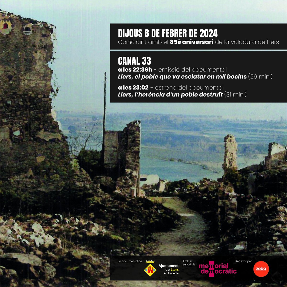 🧐‼️ Dijous 8 de febrer (85è aniversari), al <a href="/canal_33/">Canal 33</a>:
"Llers, el poble que va escaltar en mil bocins"
"Llers, l'herència d'un poble destruït"

🫶 Gràcies a tots els que heu participat en el projecte i als que d'una manera o una altra l'heu fet possible!
#Llers1939 #memòriaoral