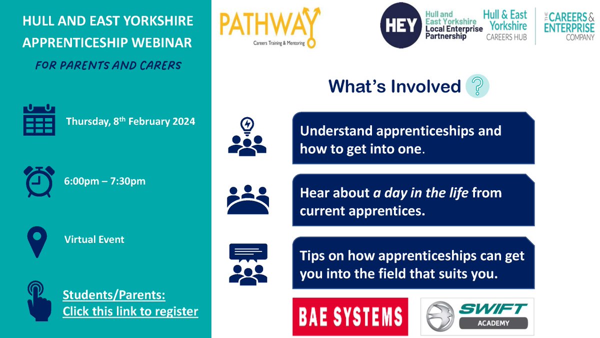 National Apprenticeship Week (NAW) 2024 Parent Webinar 8th February 2024 6:00pm – 7:30pm Register: pathwayctm.com/event/apprenti…