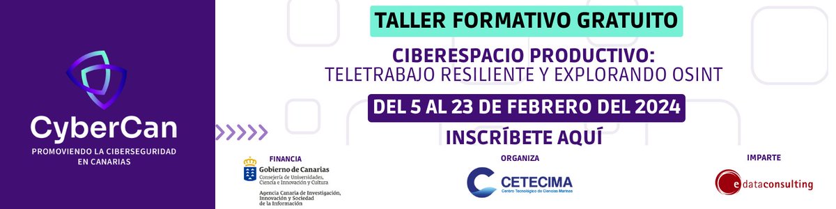 🚀 ¡Iniciamos nuestro taller de #ciberseguridad  hoy! 💡✨ Únete a nosotros en el viaje hacia un #teletrabajo más seguro y descubre los secretos de #OSINT con el experto David Delgado Déniz. 🌐💻 Participa ahora: forms.gle/o9CkUsdmRbqWHS…