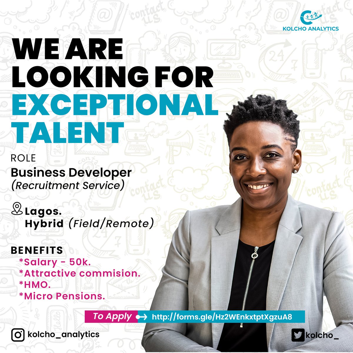 kolcho_'s tweet photo. ROLE: BUSINESS DEVELOPER (RECRUITMENT SERVICES)

LOCATION:LAGOS
WORK MODE-   HYBRID (FIELD/REMOTE)

BENEFITS
BASIC SALARY - 50K
ATTRACTIVE COMMISIONS
HMO
MICRO PENSIONS

To Apply
https://t.co/6WD07GAStr
#trending #kolcho #recruitment #hr https://t.co/qNsKfKz1uz