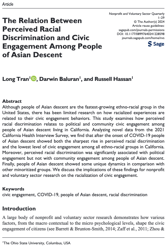 Long Tran (@longtran185) on Twitter photo My new <a href="/NVSQuarterly/">NVSQ Journal</a> pub, coauthored with the amazing <a href="/BaluranDarwin/">Darwin Baluran</a> & <a href="/Russell_SHassan/">Russell S. Hassan</a>, was strongly driven by my identity as a person of Asian descent in the United States: journals.sagepub.com/doi/10.1177/08…. My new <a href="/NVSQuarterly/">NVSQ Journal</a> pub, coauthored with the amazing <a href="/BaluranDarwin/">Darwin Baluran</a> & <a href="/Russell_SHassan/">Russell S. Hassan</a>, was strongly driven by my identity as a person of Asian descent in the United States: journals.sagepub.com/doi/10.1177/08….