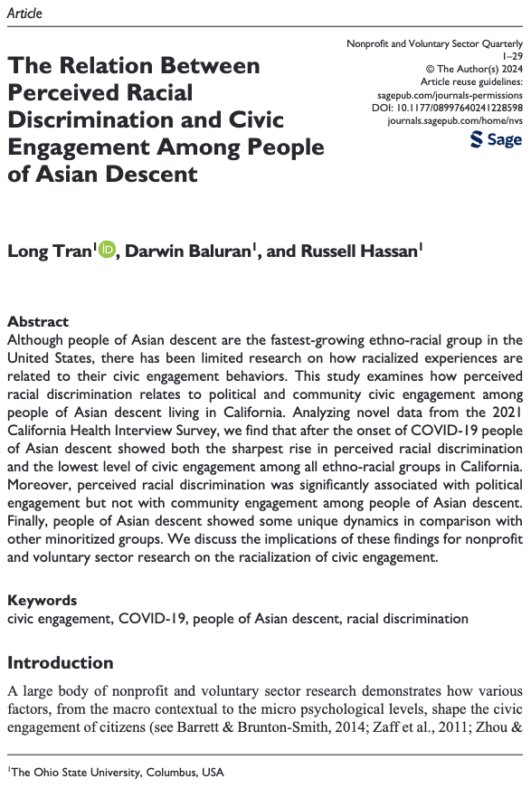 My new @NVSQuarterly pub, coauthored with the amazing @BaluranDarwin & @Russell_SHassan, was strongly driven by my identity as a person of Asian descent in the United States: journals.sagepub.com/doi/10.1177/08….