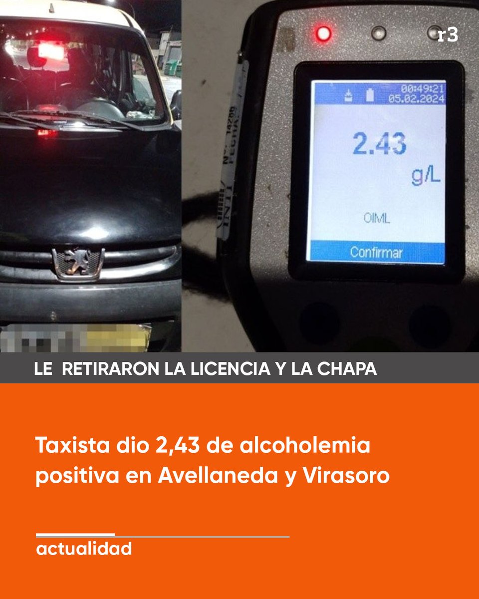 Taxista dio 2,43 de alcoholemia positiva en Avellaneda y Virasoro