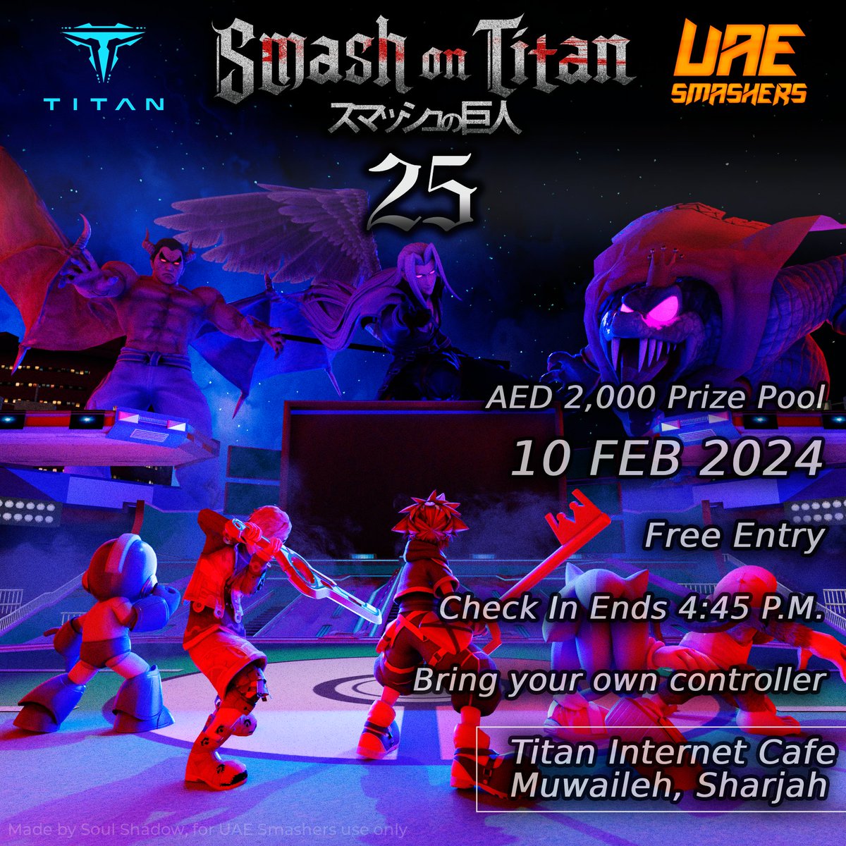Smash on Titan #25 is taking place this Saturday, on 10 February 2024! Register at start.gg/tournament/sma… Side event details TBA