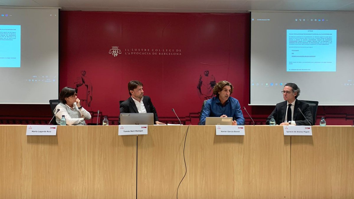 ICABarcelona's tweet photo. Èxit d'assistència a la sessió sobre aspectes pràctics i processals de la plataforma pel procediment especial de microempreses, amb Marta Lagarda i Tomás Nart, membres Secció Dret Concursal ICAB; Xavier Garcia, lletrat jutjat Mercantil 11 (Bcn) i Ignacio de Anzizu, procurador. https://t.co/fOWqS5R7z8