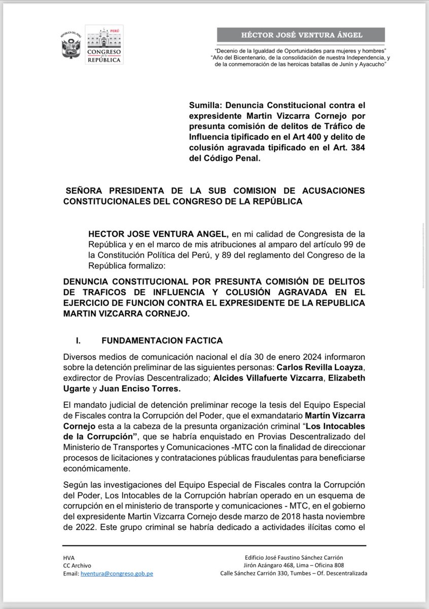 hventuracongre's tweet photo. He denunciado constitucionalmente a Martín Vizcarra, presunto cabecilla de una organización criminal dentro de Provías @MTC_GobPeru .El nefasto expresidente no puede seguir gozando de tanta impunidad.

Pediré a la SAC que mi denuncia sea evaluada con prioridad. https://t.co/m8bxphBI3h