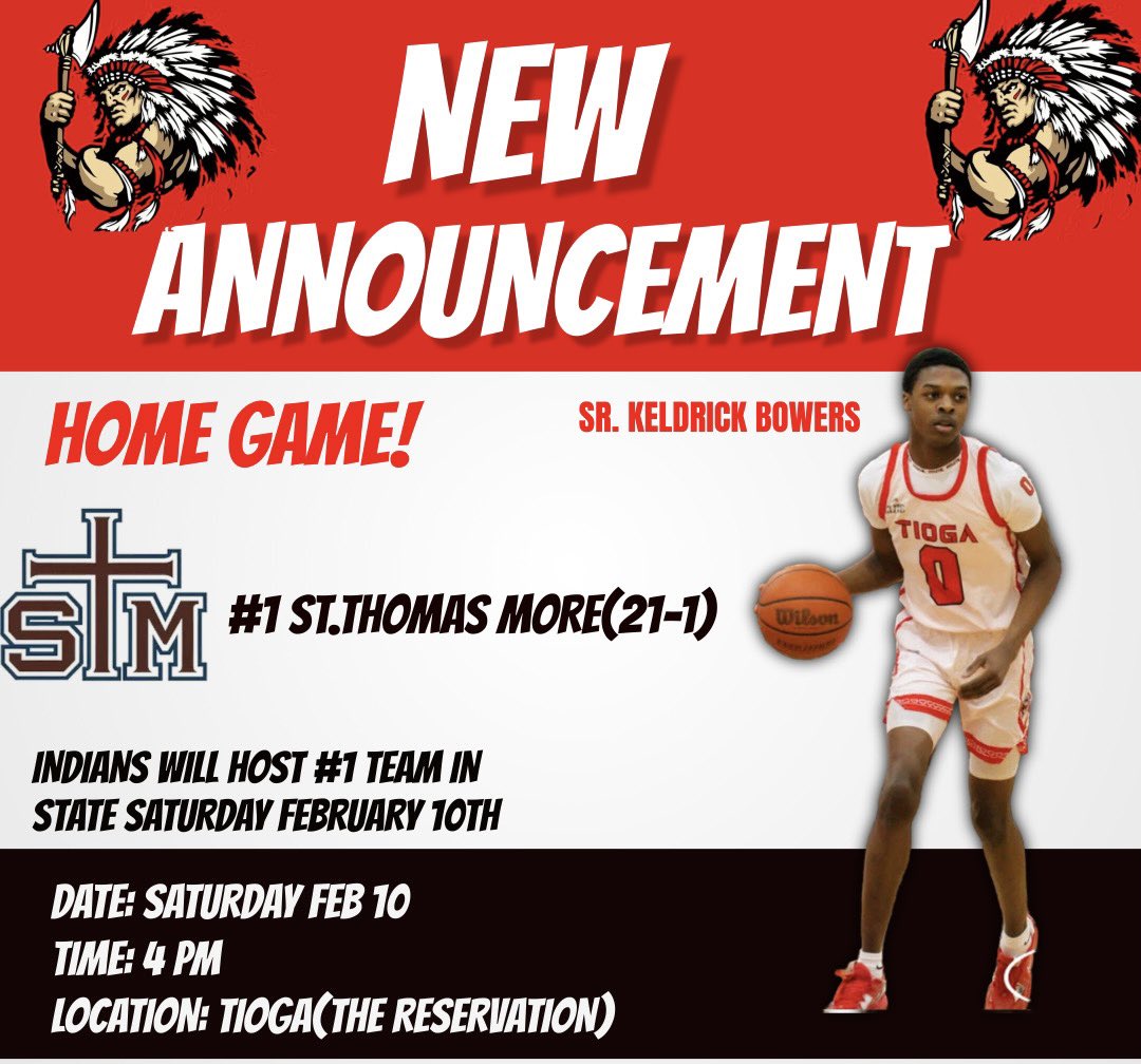 🚨🚨🚨🚨🚨🚨

INDIANS WILL HOST THE #1 TEAM IN THE STATE ST. THOMAS MORE COUGARS(21-1) THIS SATURDAY!

COME OUT AND SUPPORT THE ONLY BASKETBALL GAME IN THE AREA TO CONCLUDE OUR REGULAR SEASON ‼️‼️