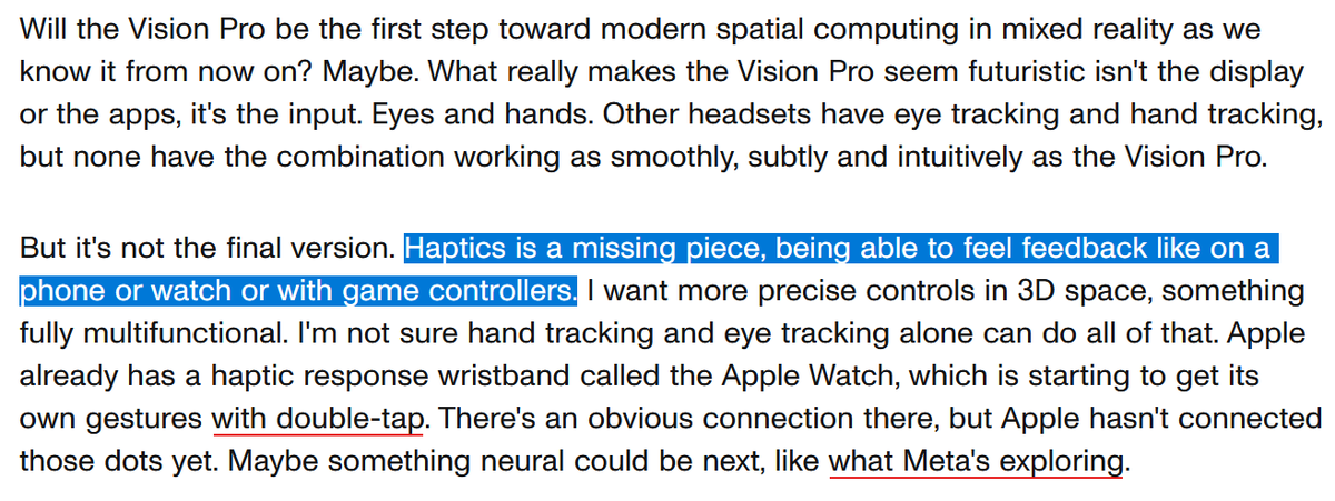 Apple Vision Pro is here, and while it's an incredible device, there's still something missing that's on everyone's minds - haptics. Check out this quote from @jetscott's CNET review. Clearly, haptics without controllers will be a necessary addition to the AVP experience.…