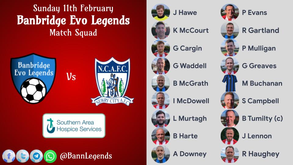 ⚽️⚽️Charity Match ⚽️⚽️

<a href="/BannLegends/">Banbridge Legends</a>  Vs <a href="/NewryCityAFC/">Newry City AFC</a> Legends

🗓️ This Sunday
🕜 KO 1.30pm
🏟️  Cheney Park
💰 Raising Money For Southern Area Hospice