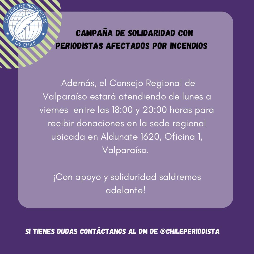 ⚠️Campaña de apoyo a periodistas afectados por incendios: Estamos recibiendo información de periodistas y estudiantes de periodismo afectados por los incendios en Valparaíso. Canalizaremos los aportes a través de la cuenta del Consejo Regional. ¡Actuemos en red en todo Chile! 💪🏼