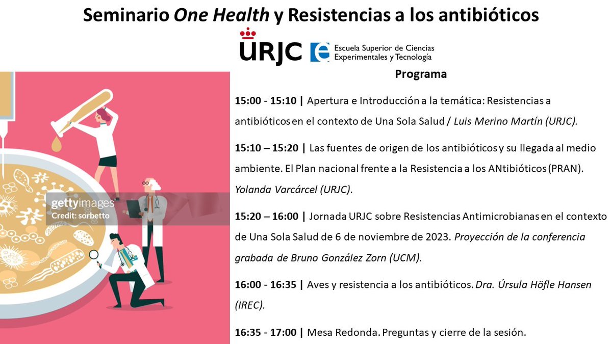 Este jueves 8 de febrero a las 15:00 tendrán lugar en el Aula magna del aulario II, el seminario 'One Health y Resistencias a los antibióticos' @URJCcientifica @ESCET_URJC @BiologiaURJC @IA_URJC
