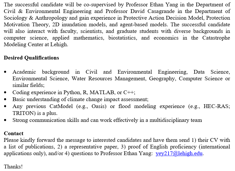 The CAWS group at Lehigh University has a Ph.D. position available as early as Fall 2024 for the topic that focuses on a human-centered floor risk management modeling framework. Please kindly forward the message to interested candidates!