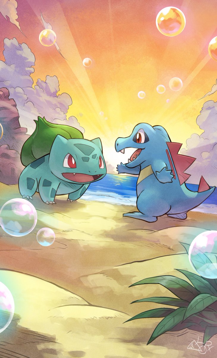 bulbasaur no humans pokemon (creature) bubble sand outdoors open mouth red eyes  illustration images