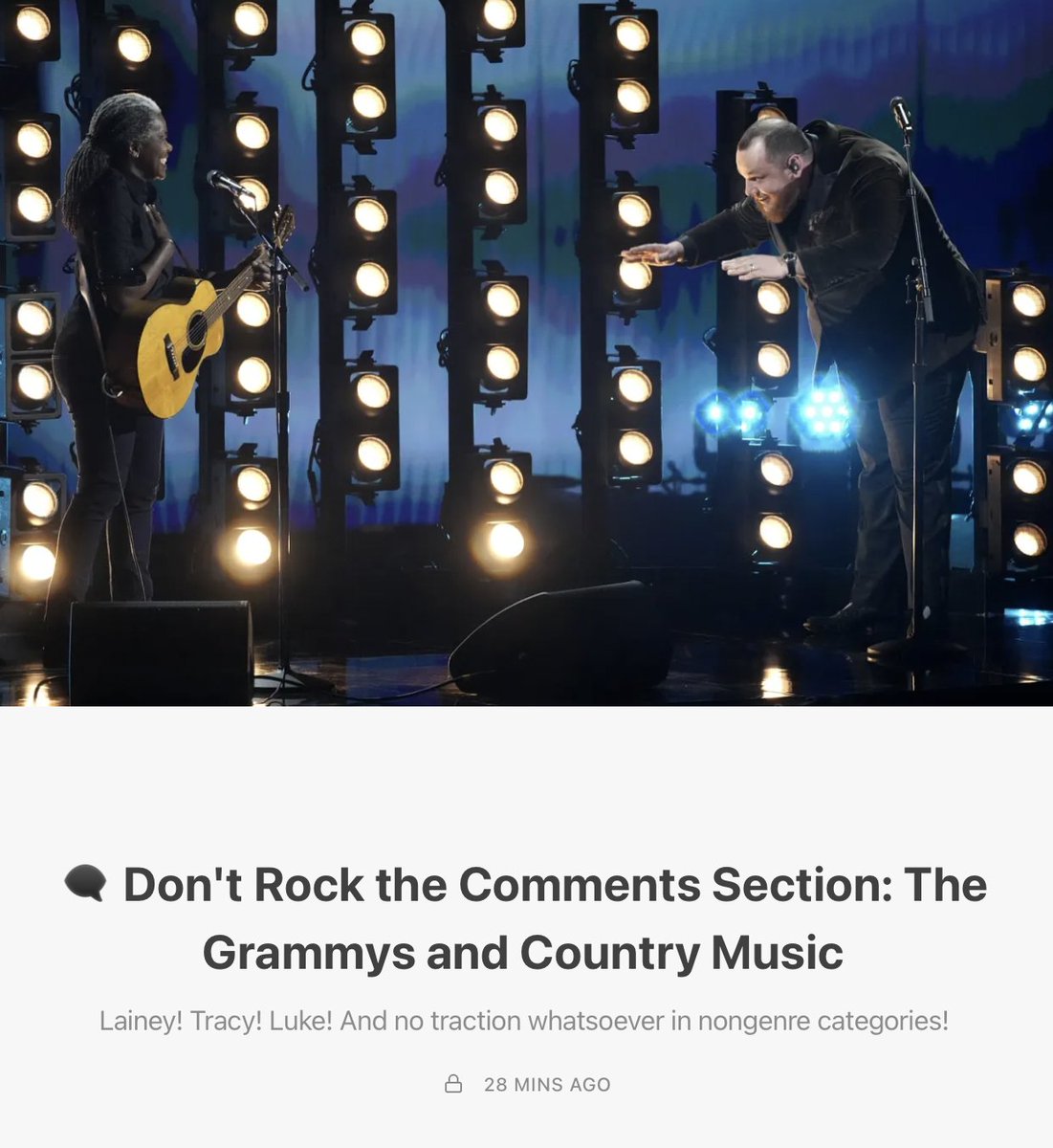 over on DRTI today, come talk Grammy & country music w/us! in short, I thought Tracy + Luke were perfection, screamed w/joy for Brandy Clark, Allison Russel + Jason Isbell, sobbed at Joni Jam (SistaStrings!!!) + it was striking how ignored mainstream country actually was