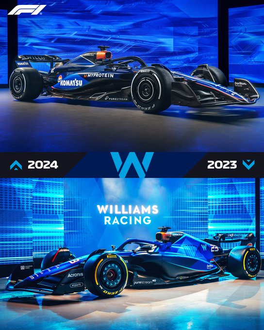A top-and-bottom graphic showing the differences between the 2023 and 2024 Williams liveries, this time with the car in a front three-quarter view.