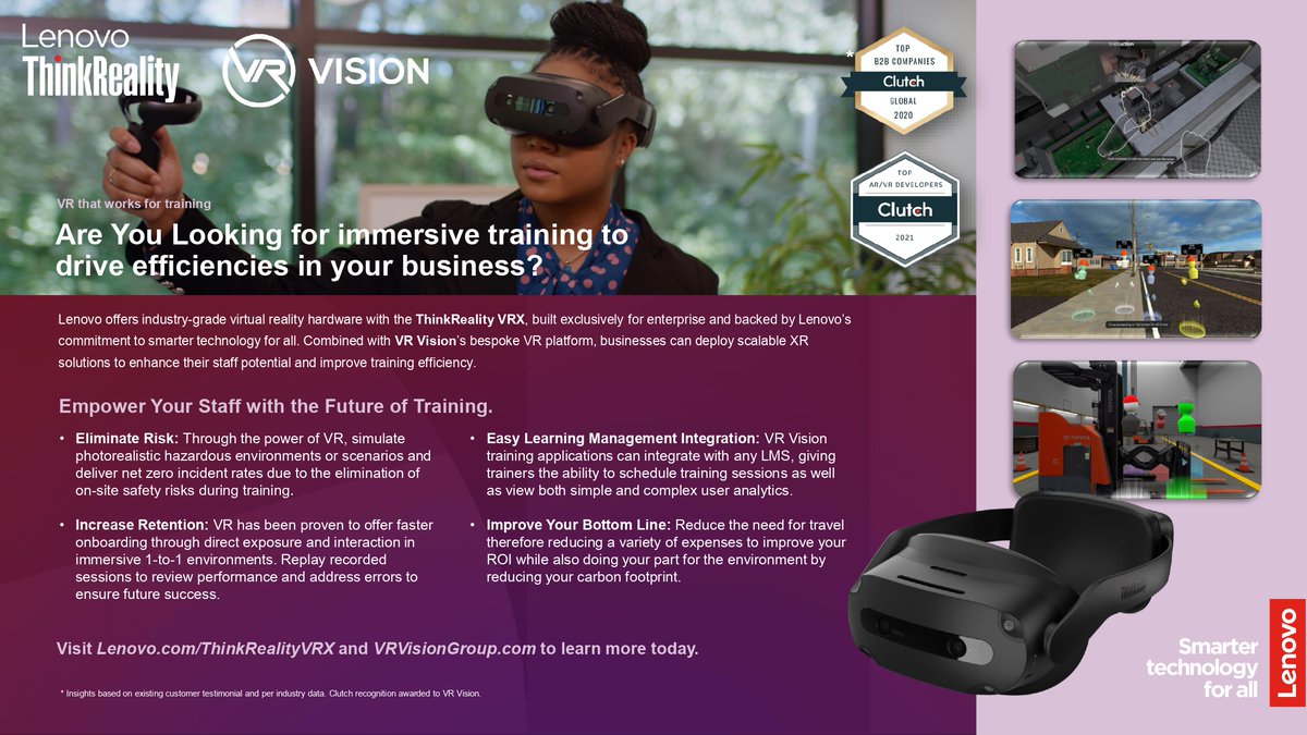 Lenovo ThinkReality in partnership with VR Vision. Combined with VR Vision's bespoke VR platform, businesses can deploy scalable XR solutions to enhance their staff potential and improve training efficiency. #Lenovo #ThinkReality #EnterpriseTraining @Lenovo @vrvisioninc