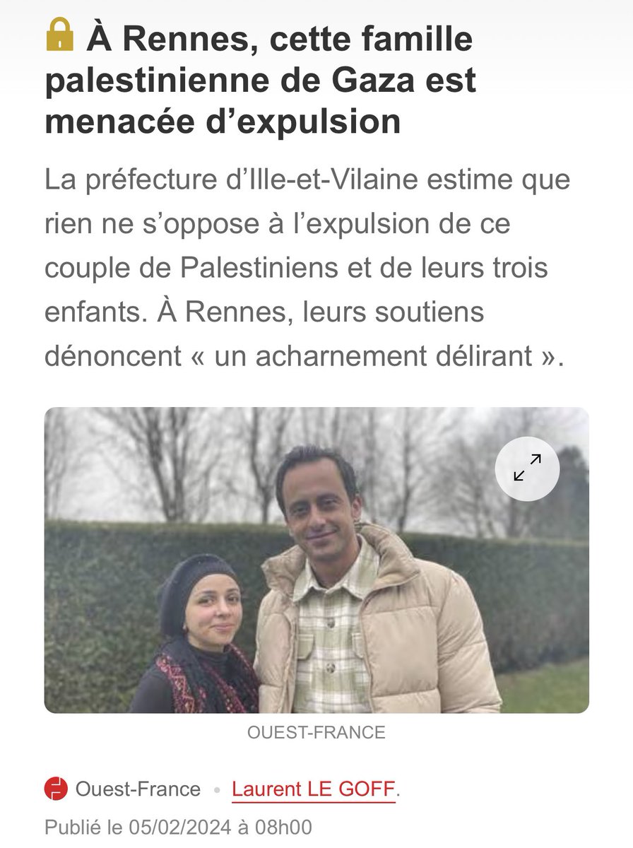 kamilabderrahmn's tweet photo. Ce pays devient totalement fou. 

Une famille gazaouie qui a réussi à fuir les bombardements Israéliens de 2014 est menacée d’être expulsée vers Gaza.

Les autorités françaises refusent d'accorder le droit d'asile à la famille gazaouie et ses 3 enfants depuis 2018.

Ils sont également privés du droit de travailler depuis 4 ans, malgré les différents recours. Depuis février 2021, Ibrahim et son épouse sont sans papiers, leurs attestations de demandeurs d'asile n'étant plus valides.

Malgré une promesse d'embauche, leurs demandes de titre de séjour sont restées sans réponse. Ils survivent de petits boulots et de l'aide de leurs et vivent dans l’angoisse quotidienne d’être arrêtés et expulsés vers la ville cimetière qu’est devenue Gaza.