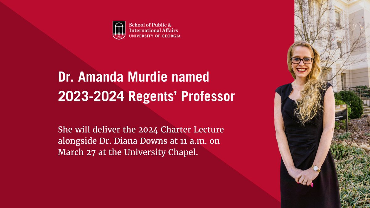 Congrats to Dr. Amanda Murdie on being named a 23-24 Regents' Professor at UGA for the broad impact of her scholarship and creative activity. Regents’ professorships are the highest professorial recognition bestowed by the USG Board of Regents. Read more: t.uga.edu/9Gx