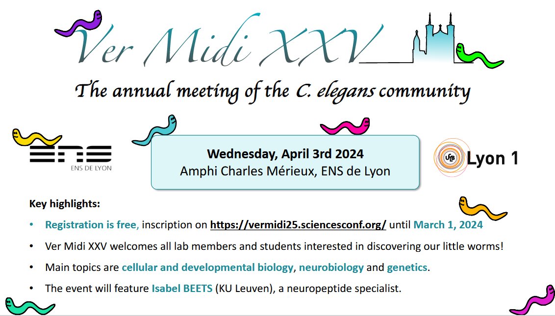 Valerie Robert (@valerier_lbmc) on Twitter photo Vermidi (C.elegans French annual French meeting) will take place in Lyon on April 3rd, 2024. Registration is free but mandatory.
vermidi25.sciencesconf.org
<a href="/melis_lyon/">MeLiS_lyon</a> @Lyon_LBMC @ENSdeLyon Vermidi (C.elegans French annual French meeting) will take place in Lyon on April 3rd, 2024. Registration is free but mandatory.
vermidi25.sciencesconf.org
<a href="/melis_lyon/">MeLiS_lyon</a> @Lyon_LBMC @ENSdeLyon
