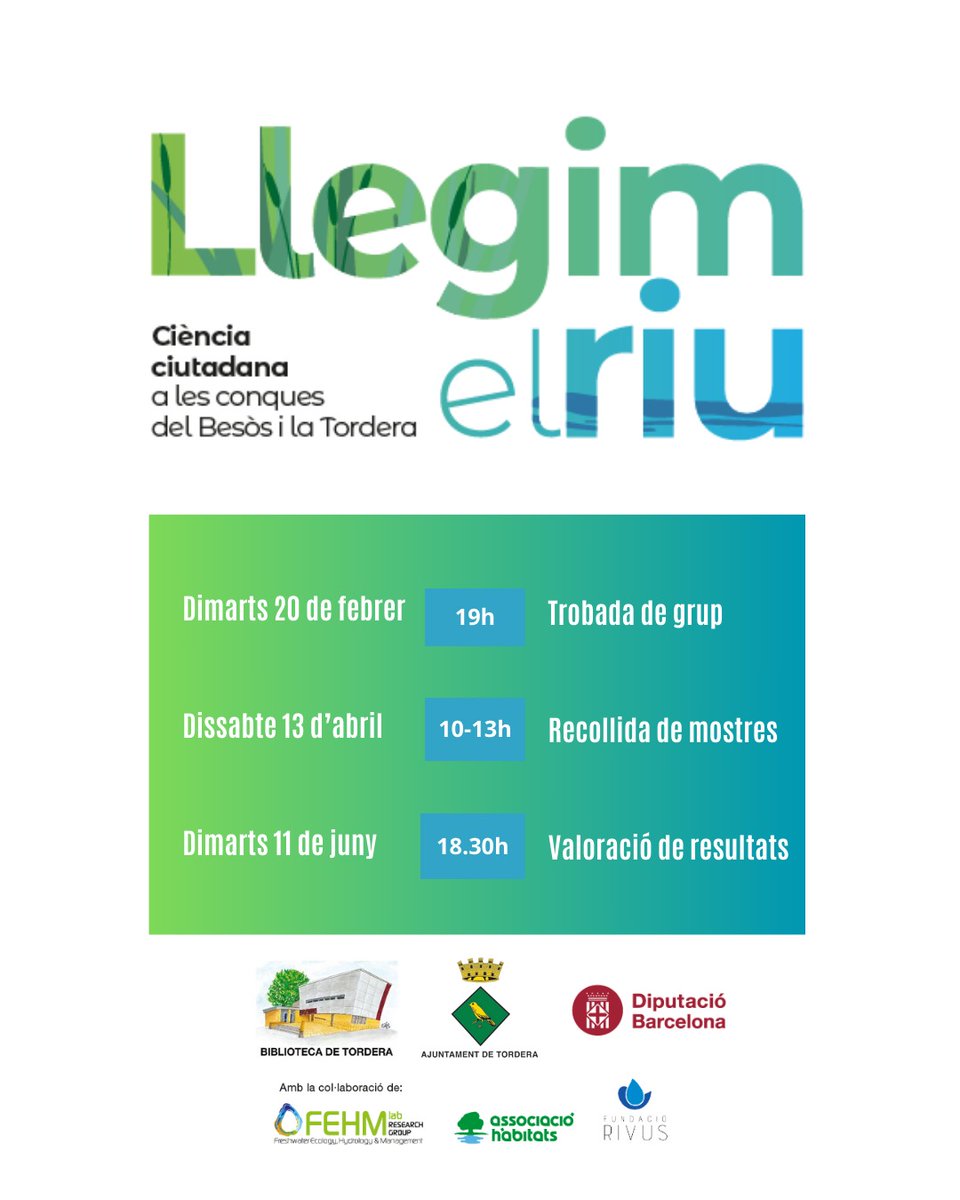 El dimarts 20 de feb. ens trobarem a la biblioteca per parlar de #LlegimElRiu, un projecte de #ciènciaciutadana per conèixer l'estat ecològic i hidrològic de la #Tordera al seu pas per la nostra vila.

Cerquem 15 persones que hi vulguin participar!
✅+Info i inscripcions: